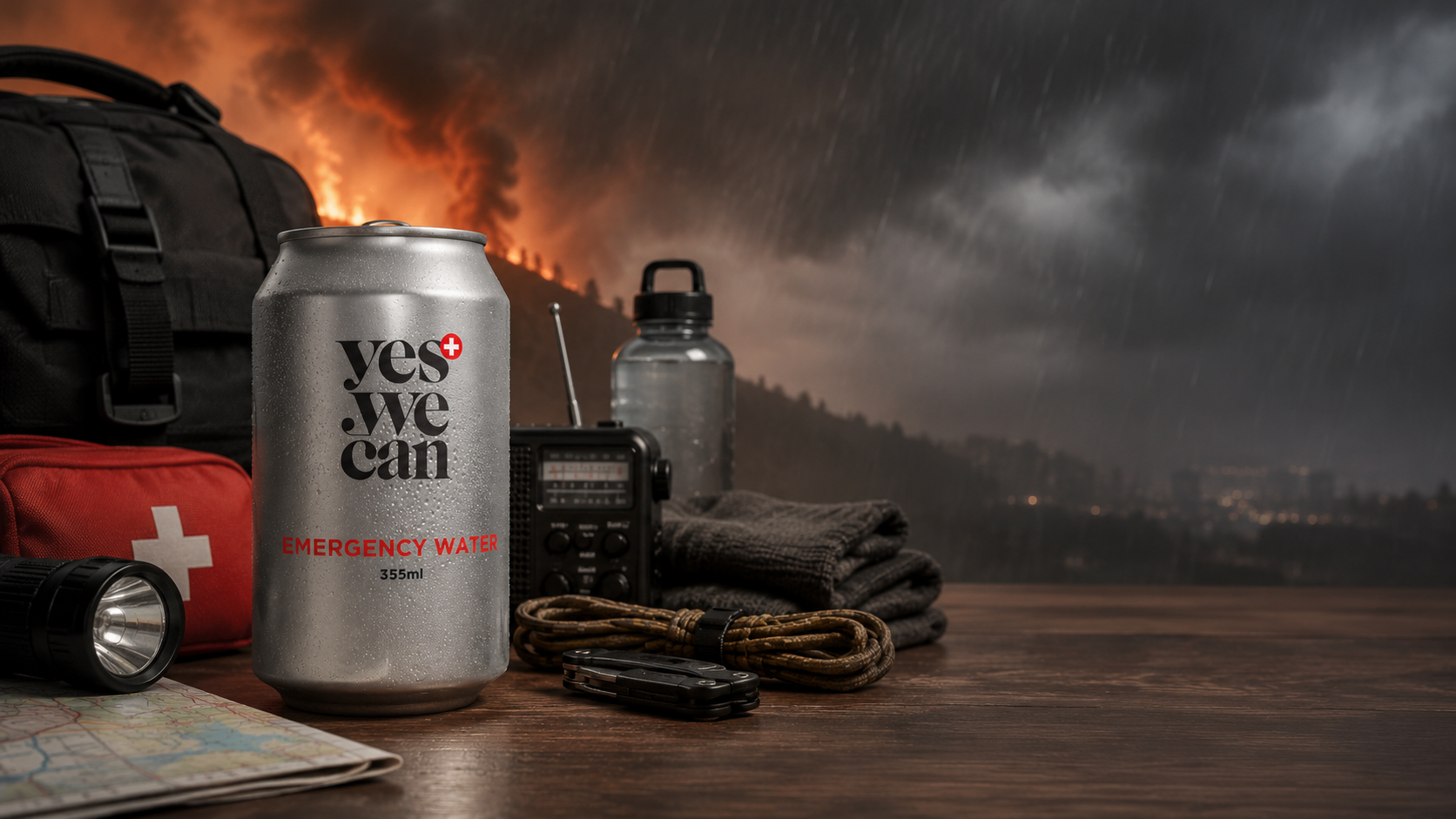 Yes We Can emergency canned water stored in a 72-hour emergency preparedness kit