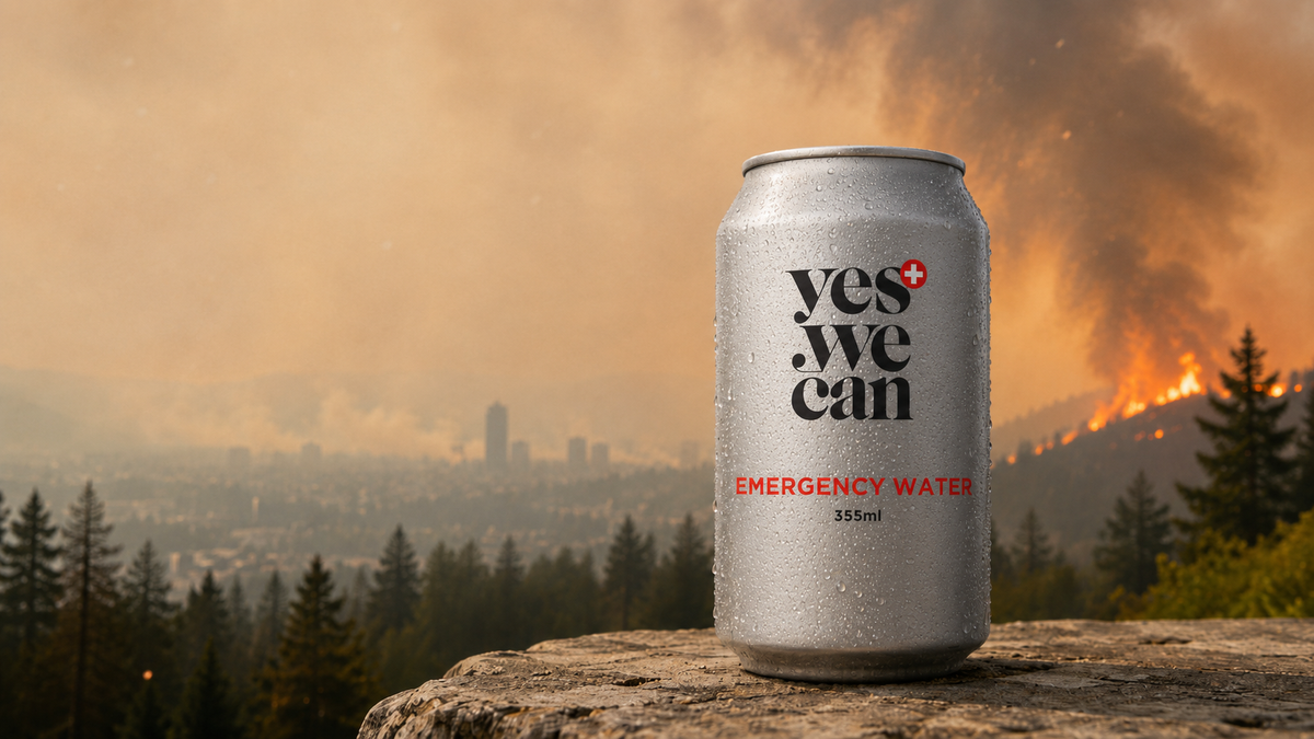 Yes We Can Emergency Canned Water can displayed against a smoky Canadian wildfire sky, representing wildfire preparedness and protected emergency water storage.
