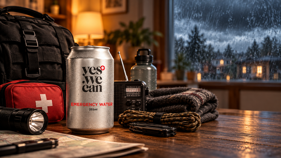 Yes We Can emergency water can with household emergency supplies beside a rainy window