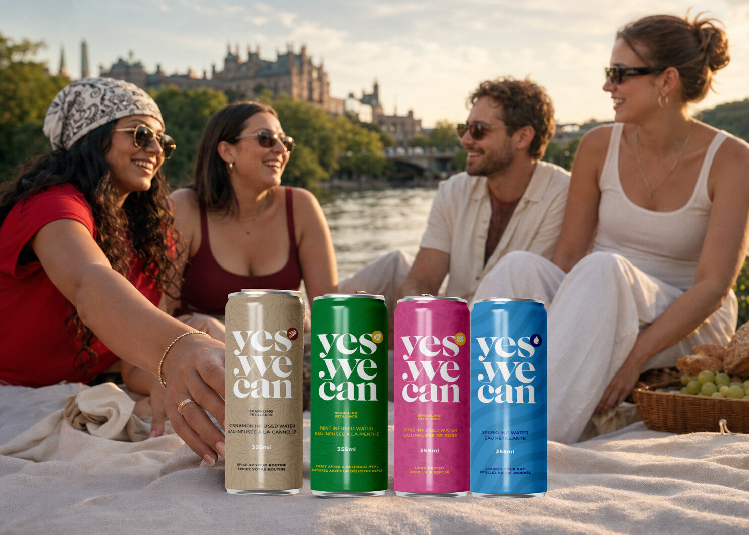 Friends sharing Yes We Can sparkling water in Ottawa